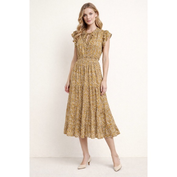 Pinch Dresses & Skirts - Pinch Mustard Yellow Botanical Print Smocked Ruffled Tiered Midi Dress Women's S